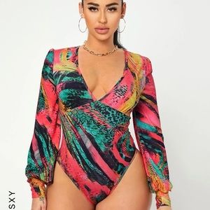 SHEIN Plunge V-neck Colorful Long Sleeve Bodysuit NWOT